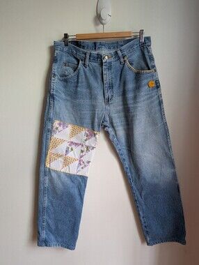 HANDMADE WRANGLER Reworked Quilt Patches Floral Yellow Jeans Size 34